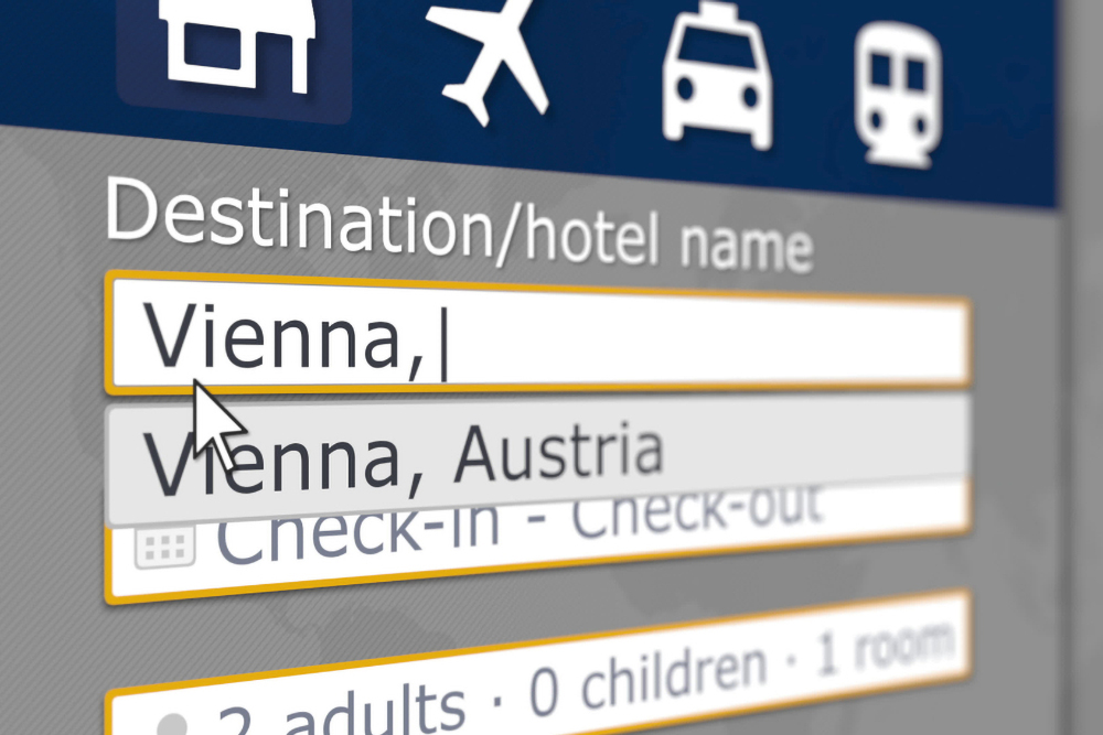 Online hotel search in Vienna on some booking site. Travel to Austria conceptual 3D rendering