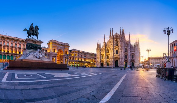 Beautiful sunrise at Duomo di Milano church in Milan Italy.